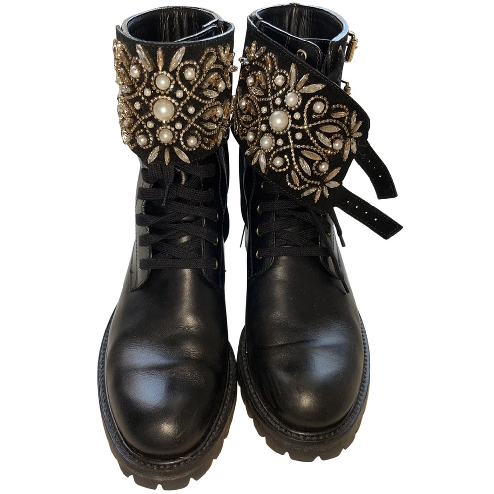 $1,750 René Caovilla 8 Pearl Crystal-Embellished Leather Boots Lace Up Motto
